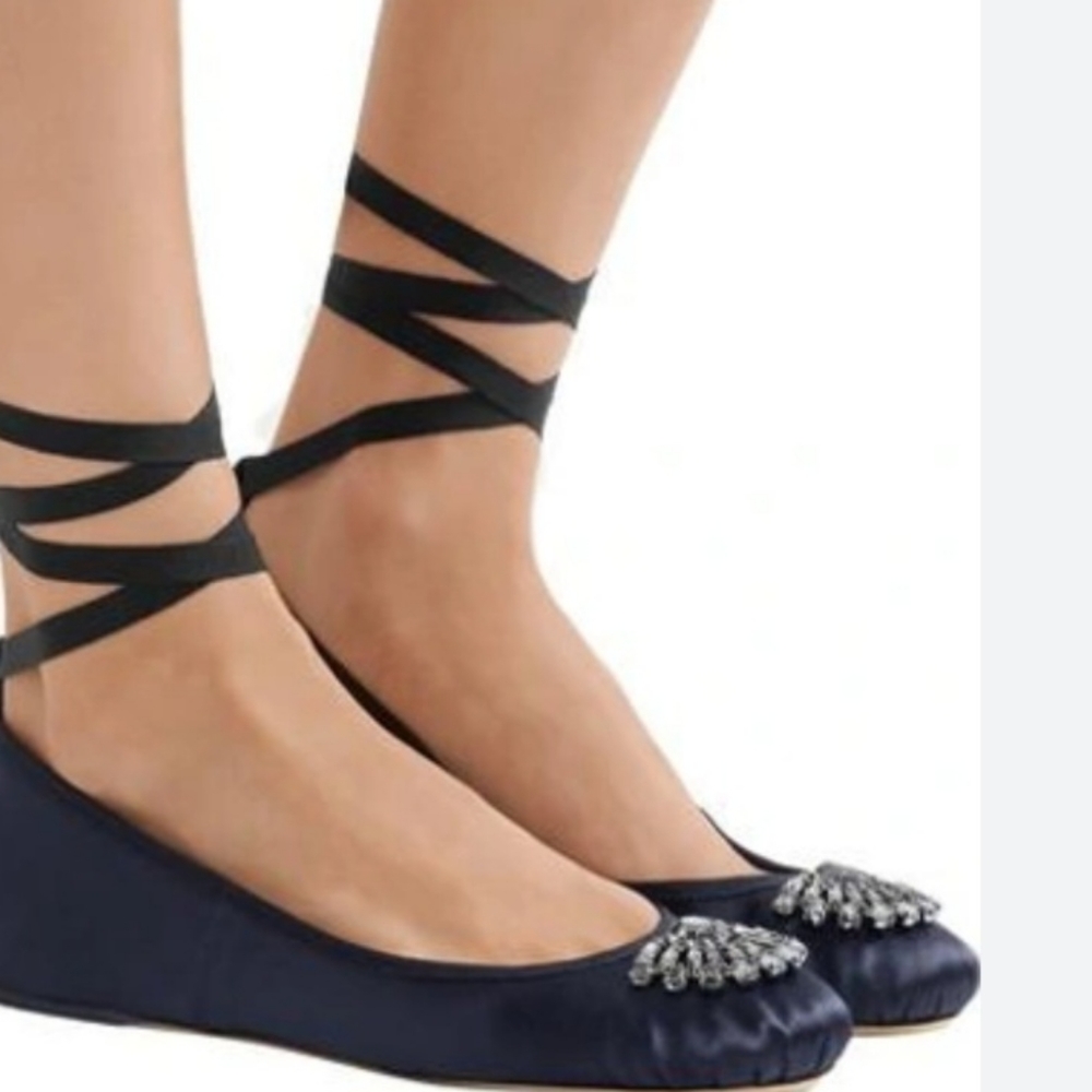 Jimmy Choo Blue Jeweled Toe Grosgrain Ankle Strap Ballet Flats - Picture 10 of 13